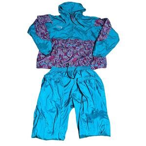 Vintage Columbia Womens Windbreaker Jacket Pants Track Suit Set Sz LARGE Aqua